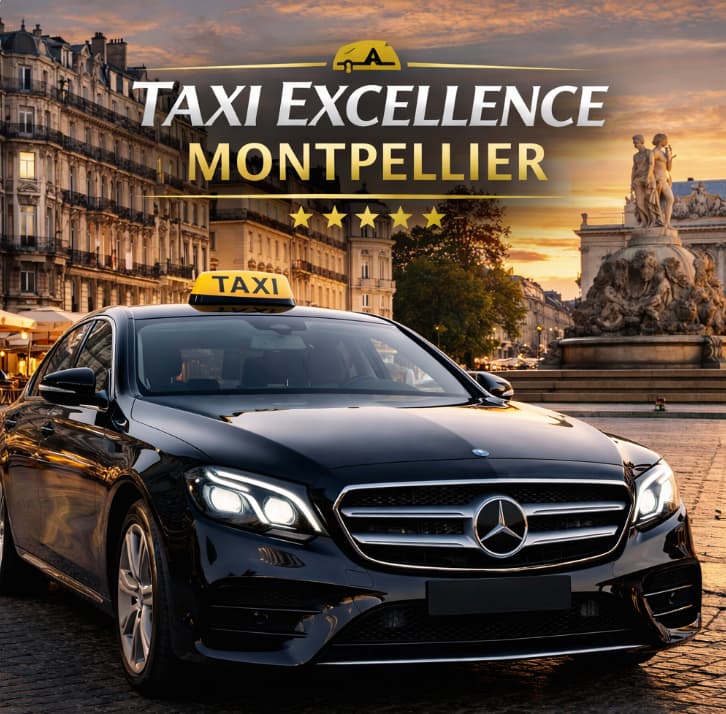 Berline Mercedes noire Taxi Excellence devant la place de la Comédie à Montpellier au coucher du soleil